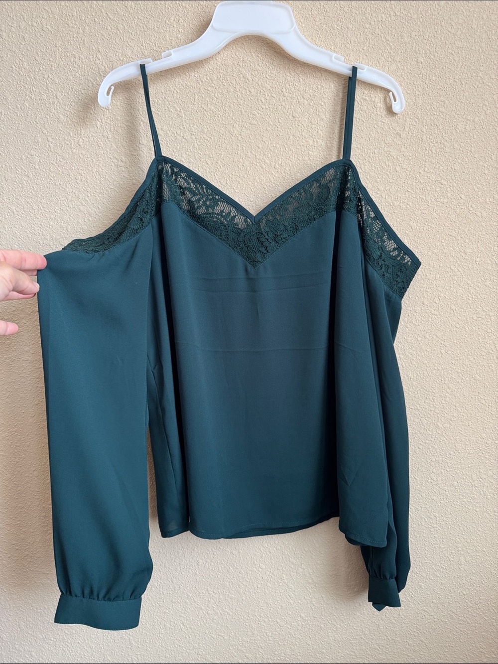 Express Hunter Green Cold-Shoulder Lace Trim Blouse